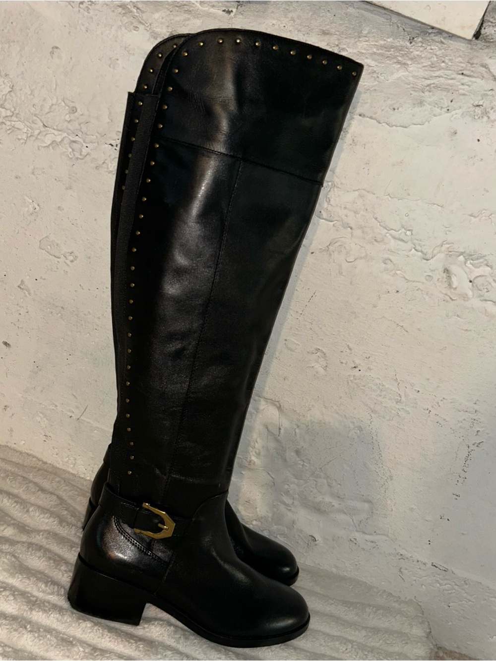 Black Studded Knee High Riding Boots Gold Buckle Equestrian Moto Biker 6.5M